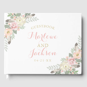 Boho Bloemige Veer Witte Trouw Monogram Gastenboek