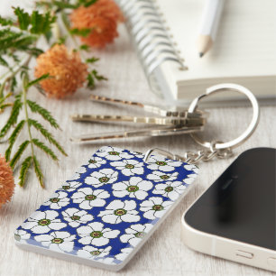 Boho bloemmotief op blauw met naam sleutelhanger