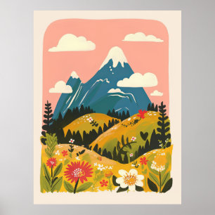 Boho bloemrijke berglandschap illustratie poster