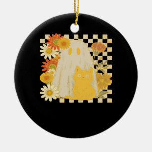 Boho bloemrijke herfst spook en zwarte kat Hallowe Keramisch Ornament