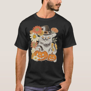 Boho bloemrijke herfst zwarte kat Halloween essent T-shirt