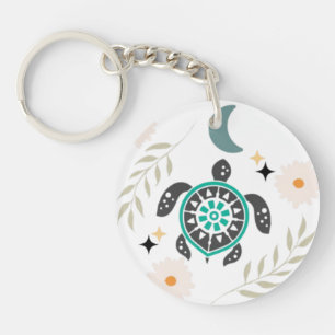 Boho Bloemschildpad Acryl Sleutelhanger – Natuur-I