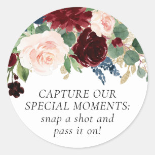 Boho Bloom Bourgogne en Navy wegwerpcamera Ronde Sticker