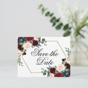 Boho Bloom   Bourgogne Red en Navy Save the Date Briefkaart