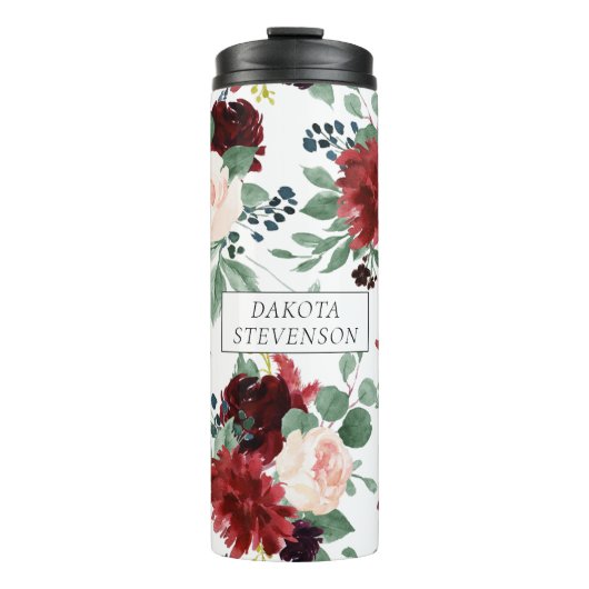 Boho Bloom | Bourgogne Rood en Navy Blue Custom Thermosbeker (Voorkant)