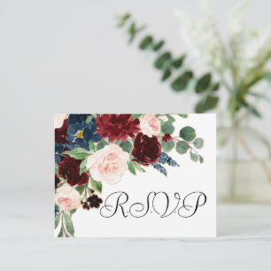 Boho Bloom   Bourgogne Rood en Navy Blue RSVP Briefkaart