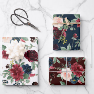 Boho Bloom   Bourgondie Rood en Marineblauw Bloemm Inpakpapier Vel