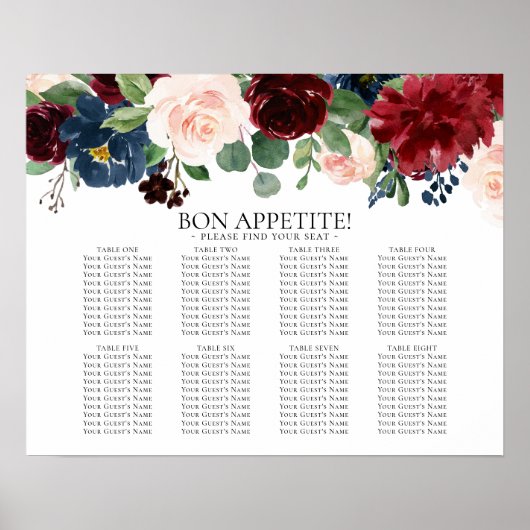 Boho Bloom | Burgundy et Marine 8 Tableau des sièg (Devant)