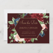 Boho Bloom | Donker Elegant Bourgogne Rood en Blus Save The Date (Voorkant)