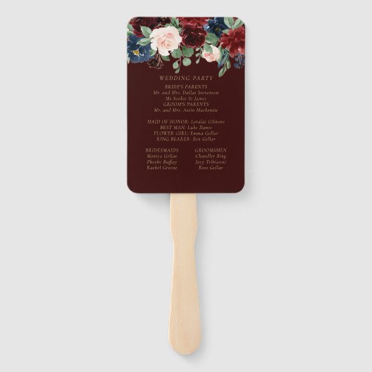 Boho Bloom | Donker Elegant Rood Blush en Navy Blu Handwaaier (Achterkant)