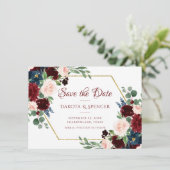Boho Bloom | Elegant Bourgogne Bloemen Goud Lijst Save The Date (Staand voorkant)