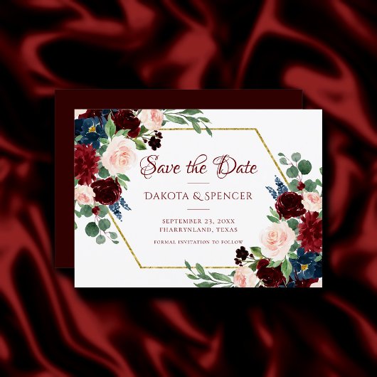 Boho Bloom | Elegant Bourgogne Bloemen Goud Lijst Save The Date