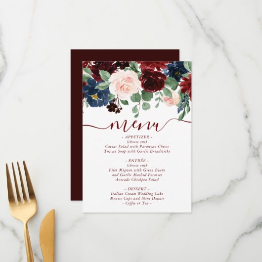 Boho Bloom | Elegante Marsala Red en Blush Pink Menu (Voorkant / Achterkant in situ)