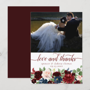 Boho Bloom Elegante Marsala Rode foto en liefde Bedankkaart