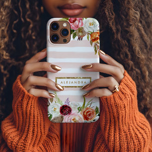 Boho Blooms Blush Streep Monogram iPhone 15 Pro Max Hoesje