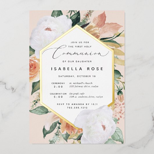 Boho Blooms Modern Floral Eerste Heilige Communie Folie Uitnodiging (Voorkant)