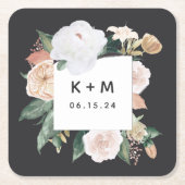 Boho Blooms Modern Floral Wedding Monogram Vierkante Kartonnen Onderzetter (Voorkant)