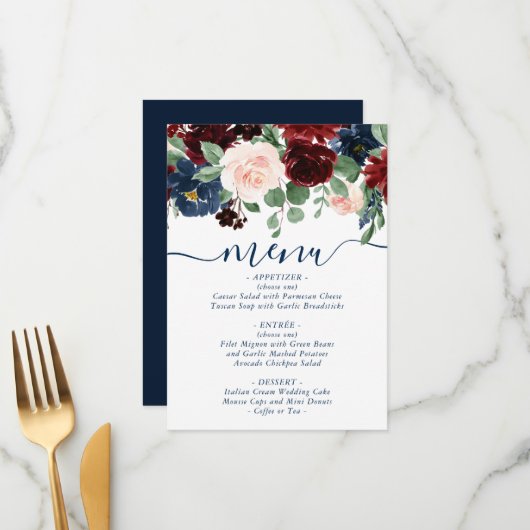 Boho Blooms | Rustieke marine en Bourgondische Gar Menu (Voorkant / Achterkant in situ)