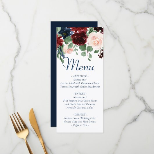 Boho Blooms | Rustieke marine en Bourgondische Gar Menu (Voorkant / Achterkant in situ)