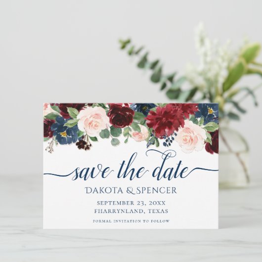 Boho Blooms | Rustieke marine en Bourgondische Gar Save The Date (Staand voorkant)