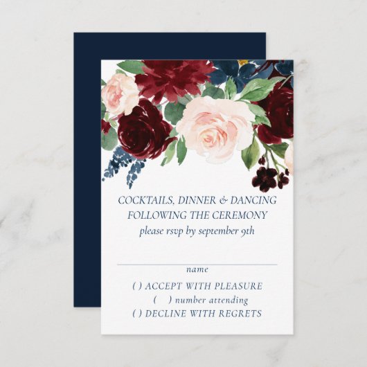 Boho Blooms | Rustieke Navy Blue en Bourgondische RSVP Kaartje (Voorkant / Achterkant)