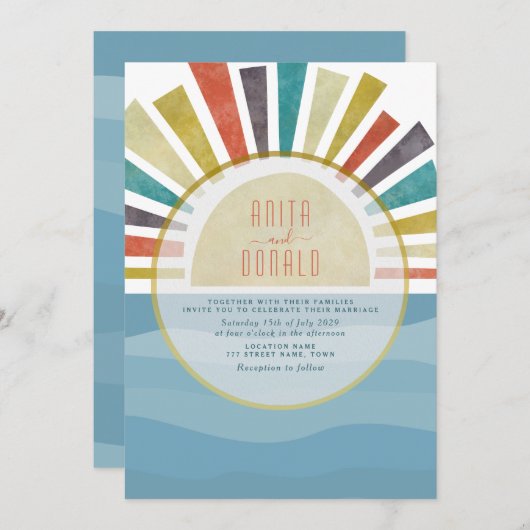 Boho Blue Beach Wedding Invitation Kaart (Voorkant / Achterkant)