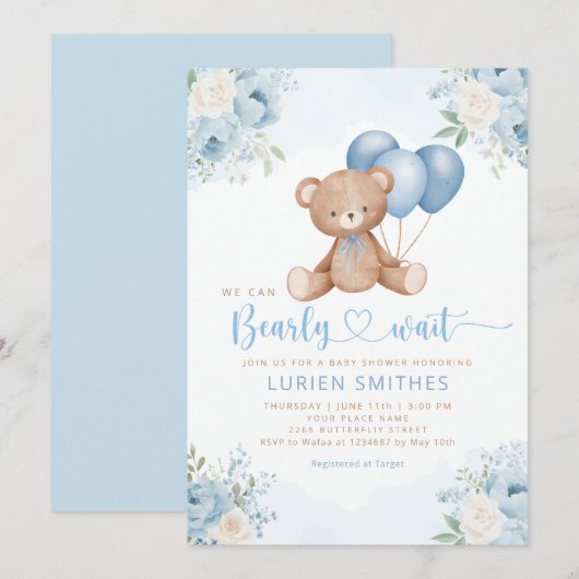 Boho Blue Bearly Wait Teddy Bear Boy baby shower Kaart (Voorkant / Achterkant)