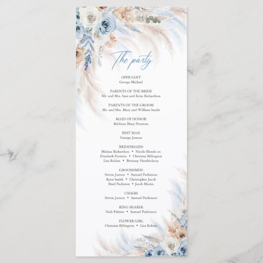 Boho Blue Bloemen en Ivoor Rozen Pampas bruiloft Programma (Achterkant)