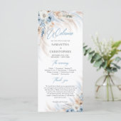 Boho Blue Bloemen en Ivoor Rozen Pampas bruiloft Programma (Staand voorkant)