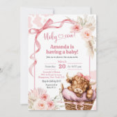 Boho Blue Bow Highland Cow Baby shower Invitation (Devant)