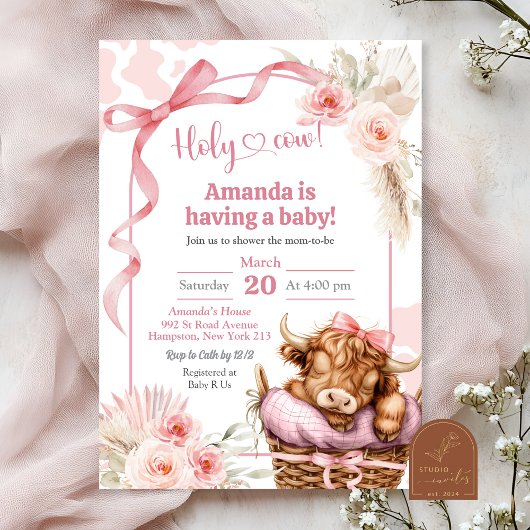 Boho Blue Bow Highland Cow Baby shower Invitation