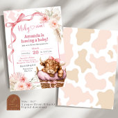 Boho Blue Bow Highland Cow Baby shower Invitation