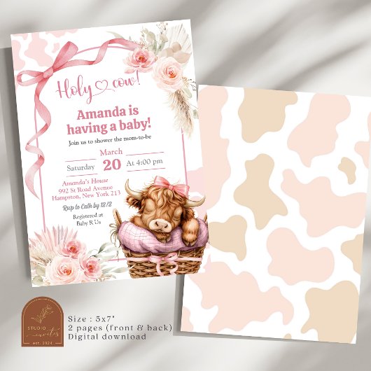 Boho Blue Bow Highland Cow Baby shower Invitation