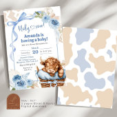 Boho Blue Bow Highland Koe Baby shower Kaart