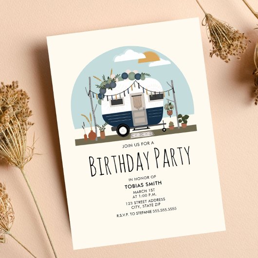 Boho Blue Camper Birthday Party Kaart