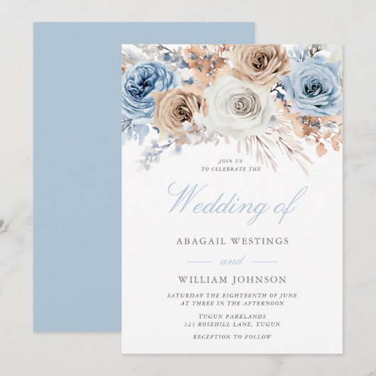 Boho Blue: Elegant Waterverf Floral Wedding Kaart (Voorkant / Achterkant)