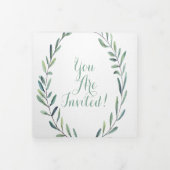 Boho Blue en Green Wreath Wedding Drieluik Uitnodiging (Cover)