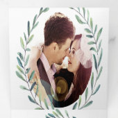 Boho Blue en Green Wreath Wedding Drieluik Uitnodiging (Binnenzijde eerst)