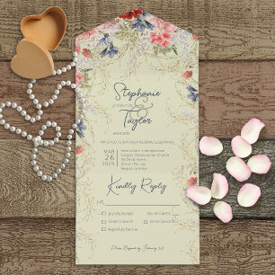 Boho Blue en Pink Floral Sage Green Dinner All In One Uitnodiging