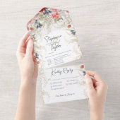 Boho Blue en Pink Floral White Dinner All In One Uitnodiging (Afscheurbaar)