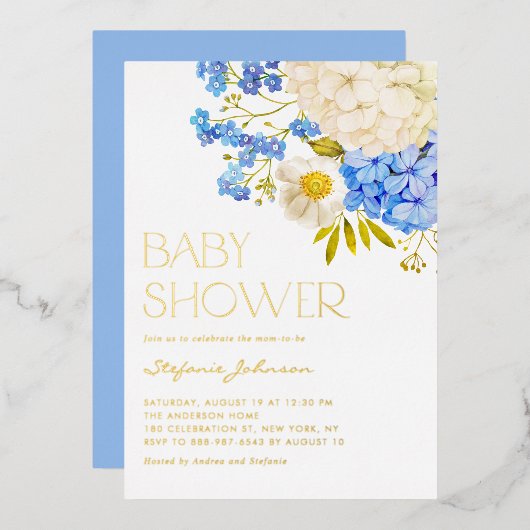 Boho Blue en White Hydrangeas Baby shower Folie Uitnodiging (Voorkant / Achterkant)