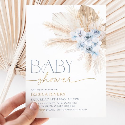Boho Blue Floral Baby shower Invitation Floral Boy
