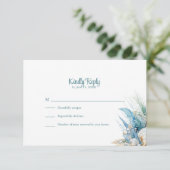 Boho Blue Floral Beach and Shell Wedding RSVP Card (Staand voorkant)
