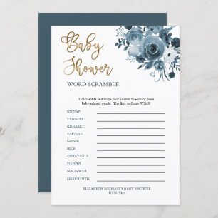 Boho Blue Floral Boy Baby shower Word Scramble Kaart