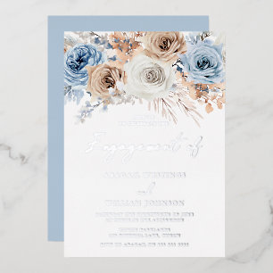 Boho Blue Floral Engagement Party Silver Folie Uitnodiging