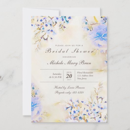 Boho Blue Floral Fête des mariées Invitation (Devant)