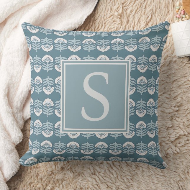 Boho Blue Floral Monogram Cushion Kussen (Deken)