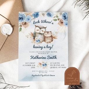 Boho Blue Floral Owl Baby shower Kaart