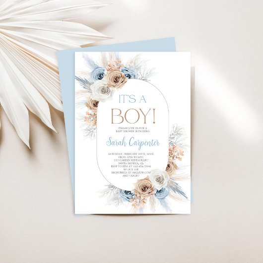 Boho Blue Floral Pampas Grass Baby shower Boy Kaart