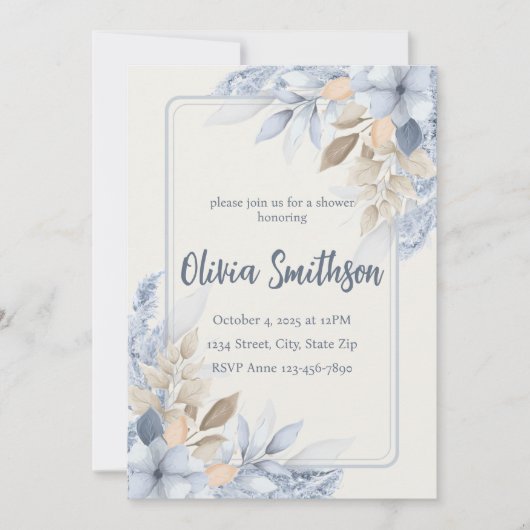 Boho Blue Floral Pampas Grass Invitation (Devant)